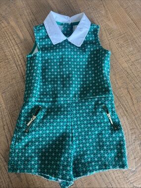 Janie and Jack Green Floral Print Romper with White Peter Pan Collar